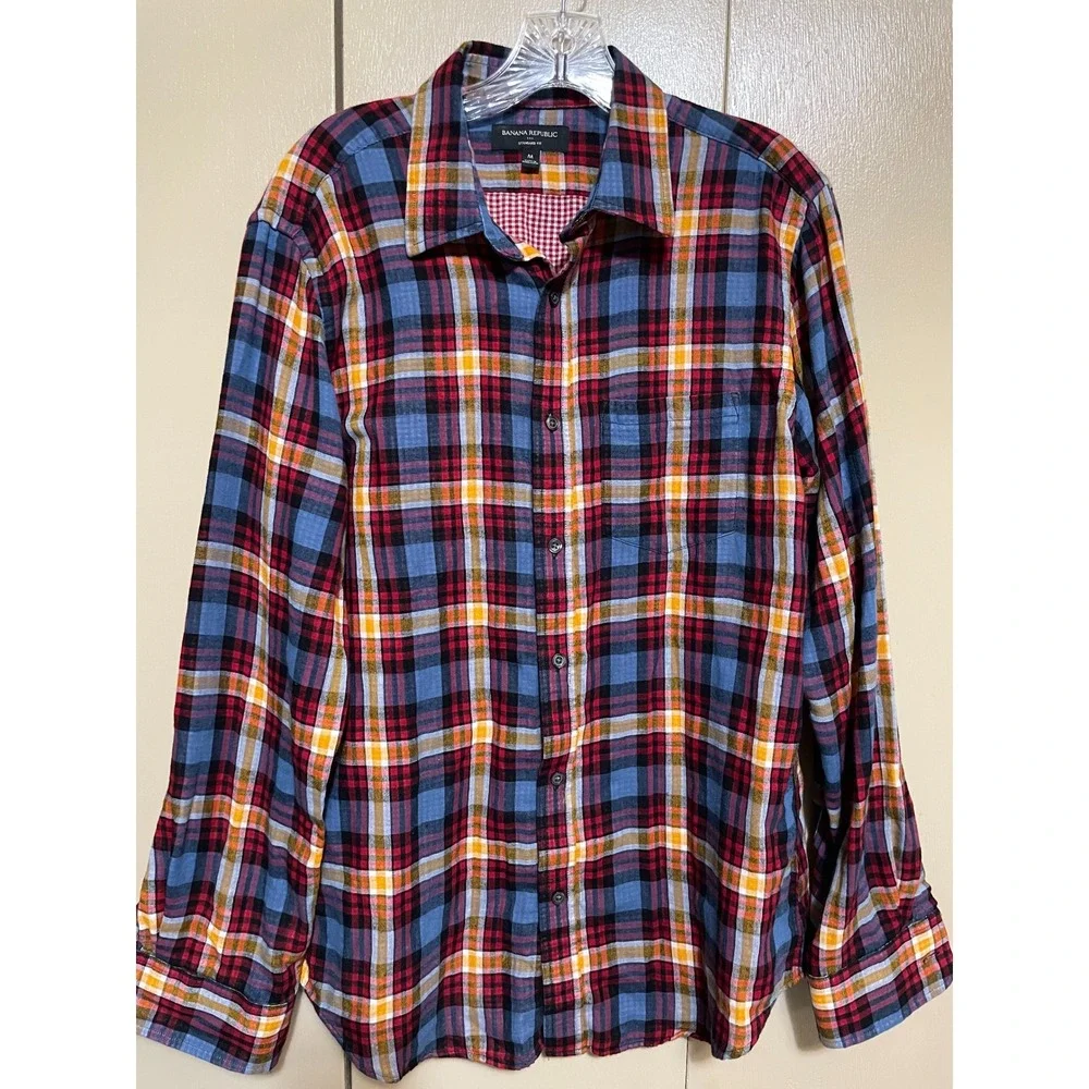 Banana Republic Mens Standard Fit Plaid Button Down Shirt Blue Red Yellow Size M
